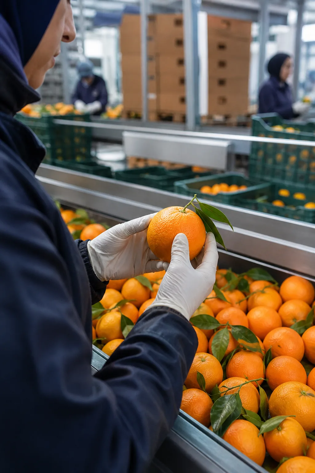 Quality control specialist inspecting Egyptian citrus for export